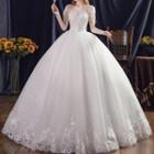 Short-sleeve Sequined Lace Trim A-line Wedding Gown