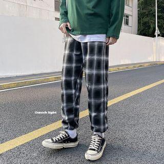 High-waist Plaid Color-block Straight-cut Pants