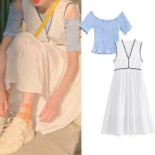 Short-sleeve Crinkled Top / Sleeveless Contrast Trim A-line Midi Dress