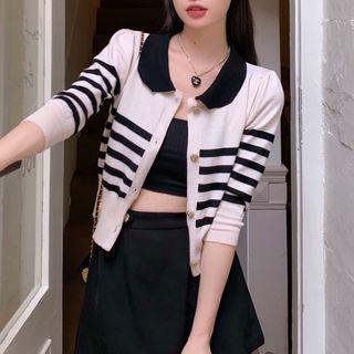 Striped Cardigan / Mini Skirt / Spaghetti Strap Dress