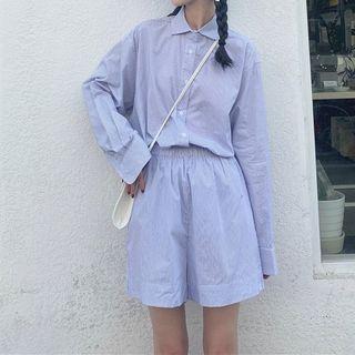Striped Long-sleeve Shirt / Elastic Waist Shorts