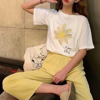 Flower Print Short-sleeve T-shirt / High Waist Wide-leg Pants