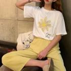 Flower Print Short-sleeve T-shirt / High Waist Wide-leg Pants