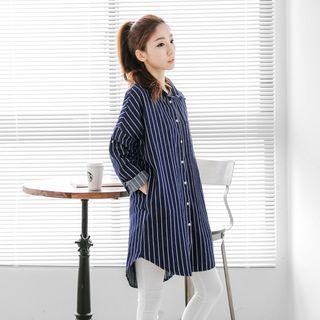Striped X Dropped-arm Denim Long Shirt