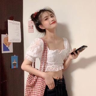 Lace Puff-sleeve Cropped Blouse / Belt