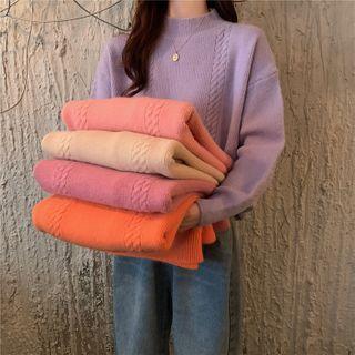 Semi High-neck Cable Knit Sweater