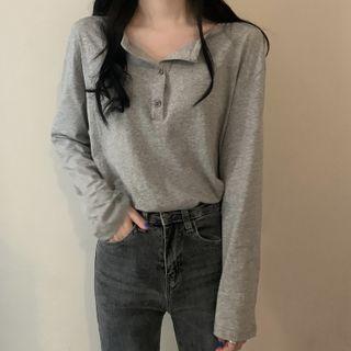Long-sleeve Plain Polo Collar Top