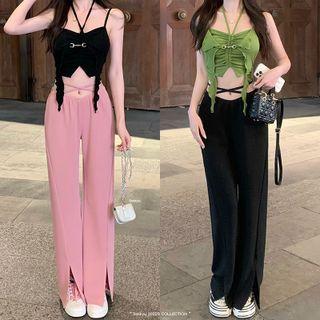 Crisscross High Waist Wide Leg Pants / Halter Neck Crop Camisole Top