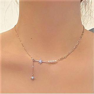 Star Rhinestone Faux Pearl Pendent Necklace 1 Pc - Silver - One Size