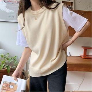 Crewneck Rib-trim Knit Vest