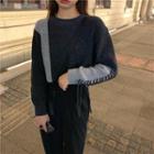 Long-sleeve Lace-up Color-block Cropped Knit Sweater Gray - One Size
