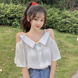 Off-shoulder V-neck Blouse White - One Size