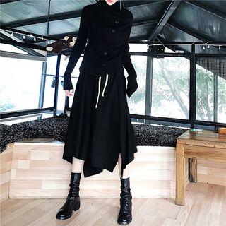 Plain Turtle-neck Long-sleeve Loose-fit Knit Top / Irregular Midi Skirt
