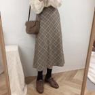 Puff-sleeve Blouse / Knit Sweater Vest / Plaid Midi A-line Skirt