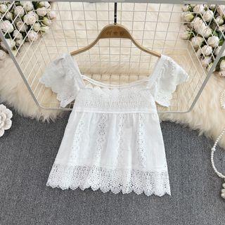 Square-neck Crochet Lace Blouse White - One Size