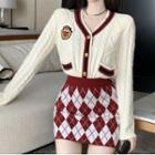 V-neck Contrast Trim Cardigan / Argyle Print Knit Skirt / Blazer