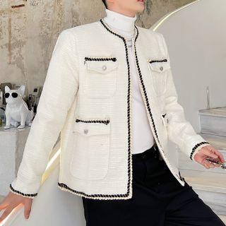 Contrast Trim Pocket Front Tweed Jacket