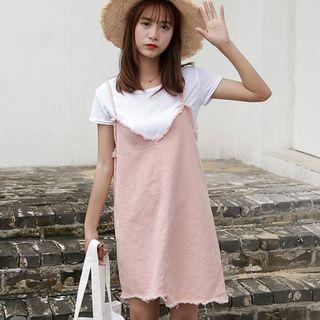 Set: Plain Short Sleeve T-shirt + Denim Spaghetti Strap Denim Dress
