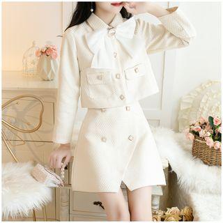 Set: Bow-accent Cropped Button Jacket + Buttoned Mini Skirt