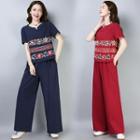 Set: Short-sleeve Embroidered Top + Wide-leg Pants