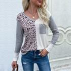 V-neck Leopard Print Paneled Knit Top