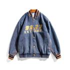 Letter Embroidered Striped Denim Baseball Jacket