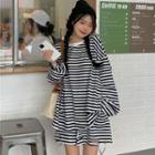Long-sleeve Striped Oversized T-shirt / Distressed Shorts