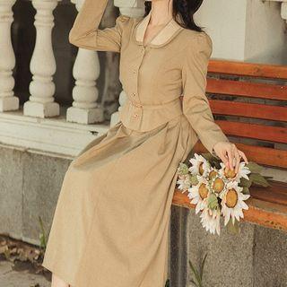 Set: Long-sleeve Plain Shirt + Midi Skirt