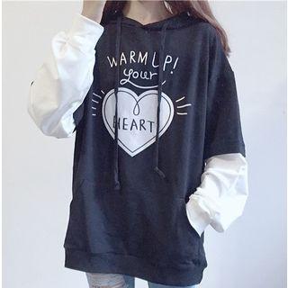 Printed Mock Two-piece Hoodie Black - One Size
