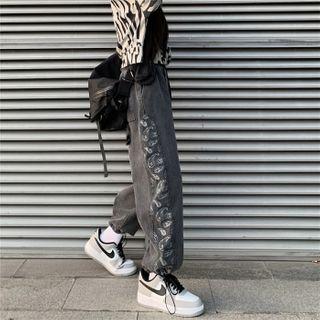 Paisley Print Panel Drawstring-cuff Jeans