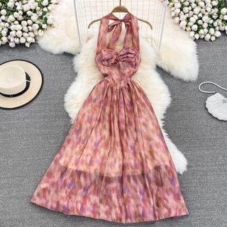 Printed Open Back Halter Maxi Dress
