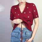 Short-sleeve Star Embroidered Drawstring Knit Top
