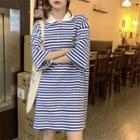 Short-sleeve Striped Cat Embroidered Dress As Figure - One Size