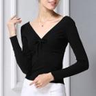 Bow Front V-neck Long-sleeve T-shirt