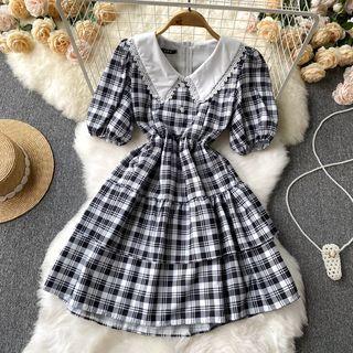 Puff Short-sleeve Peter Pan Collar Lace Trim Plaid Dress Black - One Size