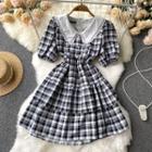 Puff Short-sleeve Peter Pan Collar Lace Trim Plaid Dress Black - One Size