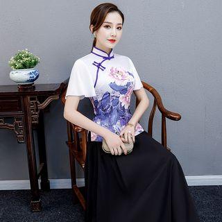 Flower Print Short-sleeve Hanfu Top / Midi A-line Skirt / Set