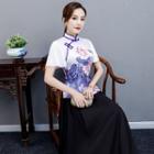 Flower Print Short-sleeve Hanfu Top / Midi A-line Skirt / Set