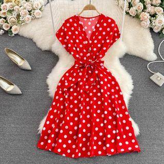 V-neck Dotted A-line Dress With Sash