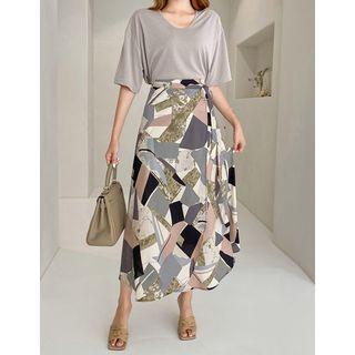 Tie-waist Patterned Long Wrap Skirt