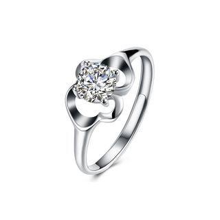 925 Sterling Silver Elegant Openwork Flower Adjustable Ring With Cubic Zircon Silver - One Size