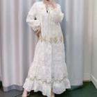 Flower Embroidered Long-sleeve Maxi Shift Dress White - One Size