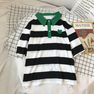 Short Sleeve Floral Print Stripe Polo Shirt Black & White - One Size