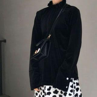 Long-sleeve Stand Collar Velvet Top Black - One Size