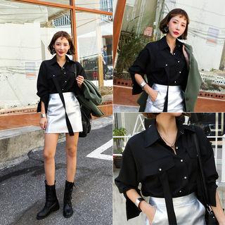 Dual-pocket Tie-detail Blouse Black - One Size
