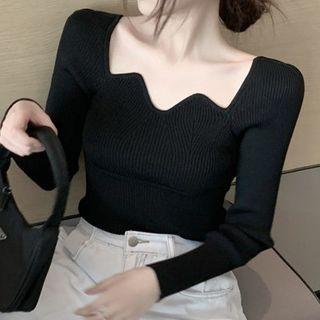 Plain Square Neck Long-sleeve Knit Top