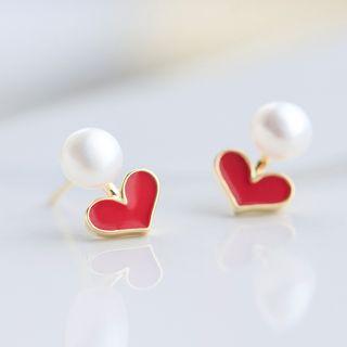 925 Sterling Silver Freshwater Pearl Heart Earring 1 Pair - Earrings - One Size