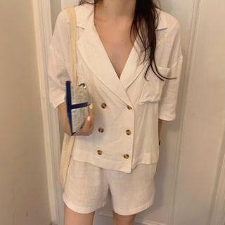 Set: Pocket Detail Elbow-sleeve Blouse + Shorts