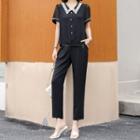 Set: Short Sleeve Lace Collar Blouse + Straight Leg Dress Pants