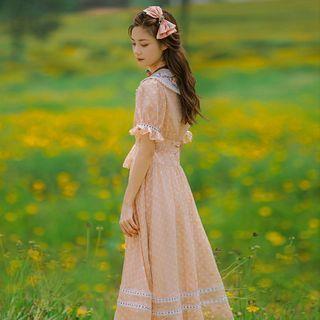 Set: Camisole + Dotted Short-sleeve Midi A-line Dress